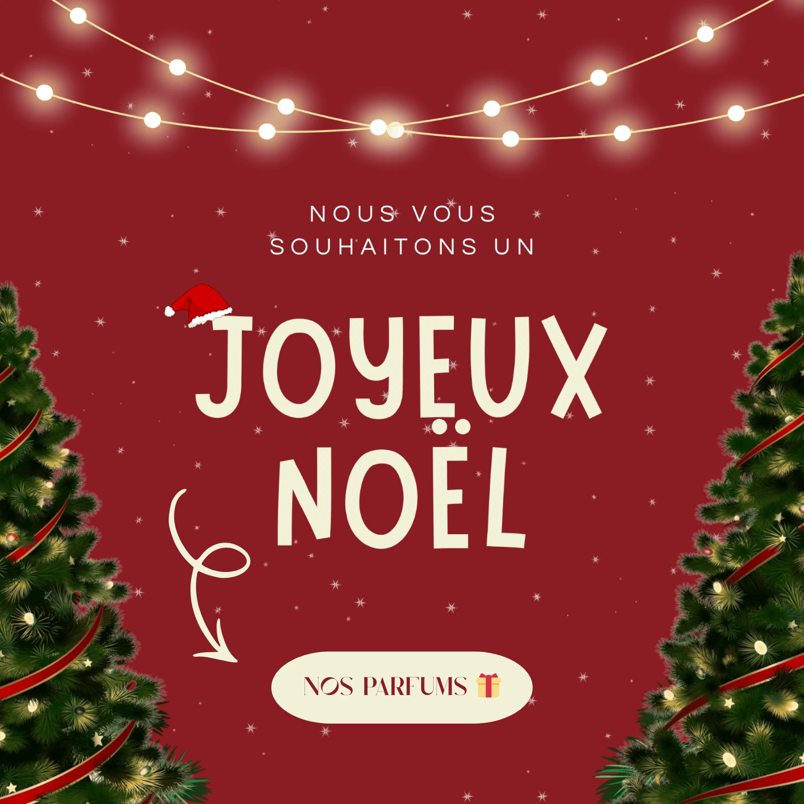 Pop-up de Noël Inscent Parfums avec décor festif rouge, guirlandes lumineuses, sapins décorés et message Joyeux Noël invitant à découvrir les parfums français