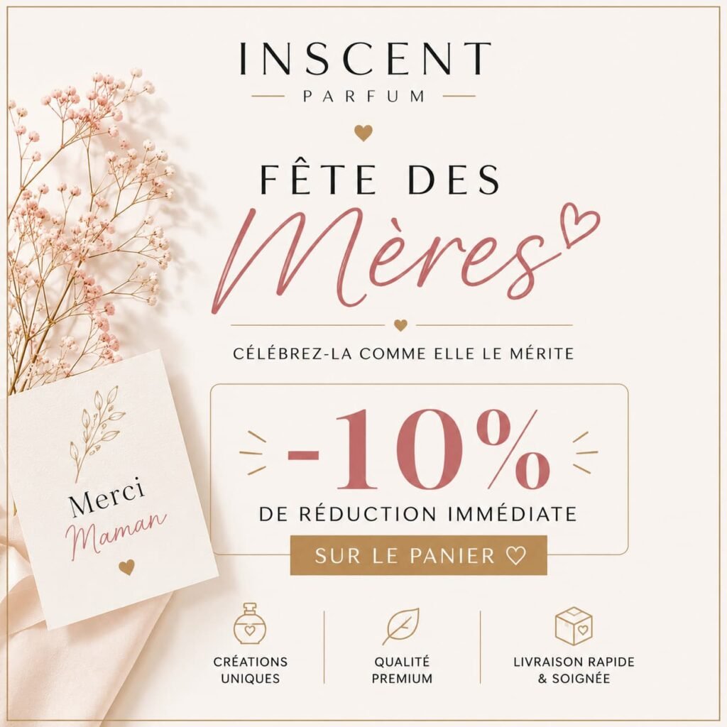 Fête des Mères – Offre parfum femme avec réduction immédiate de 10 %, créations uniques et livraison rapide. Visuel élégant rose et beige pour cadeau parfum premium spécial maman.