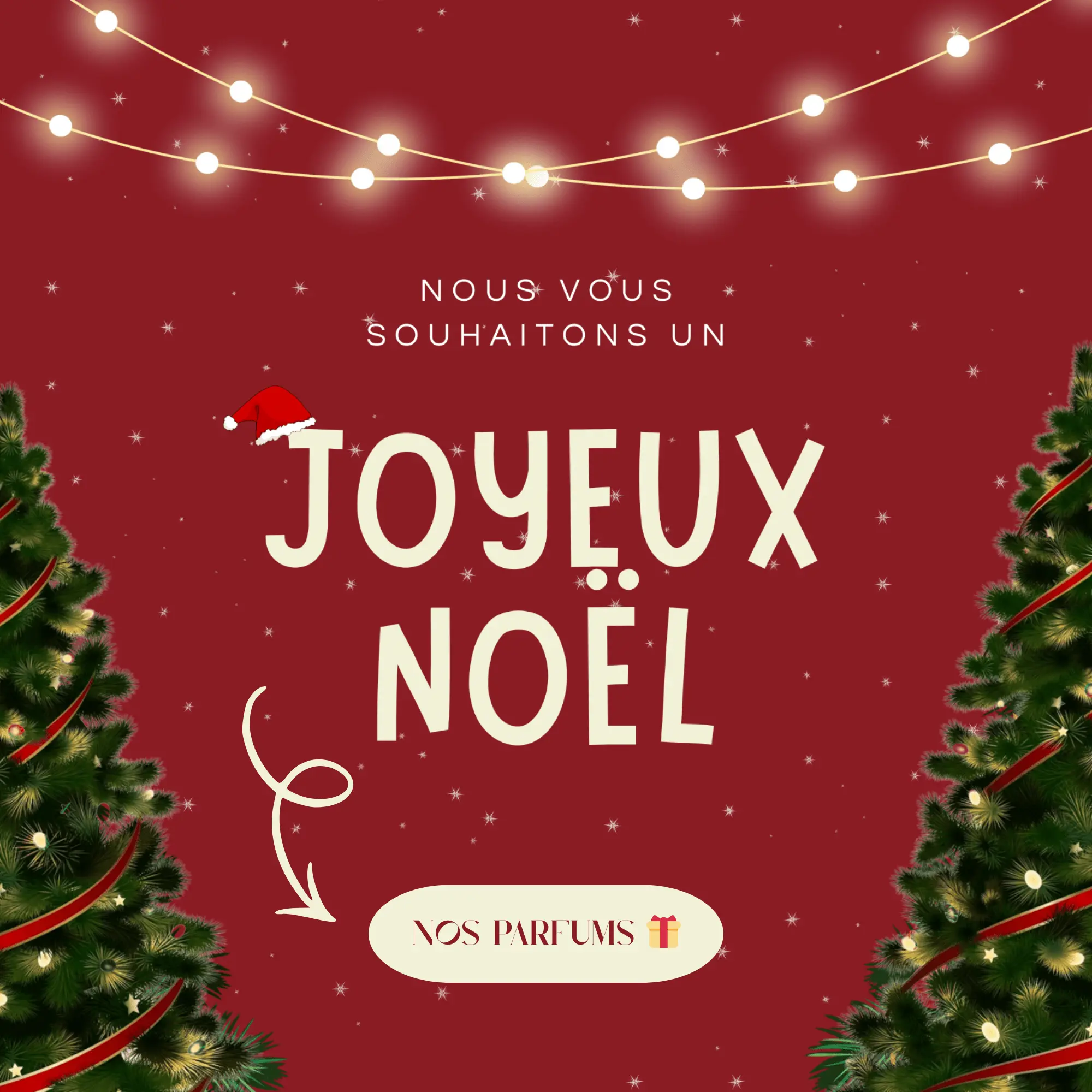 Pop-up de Noël Inscent Parfums avec décor festif rouge, guirlandes lumineuses, sapins décorés et message Joyeux Noël invitant à découvrir les parfums français