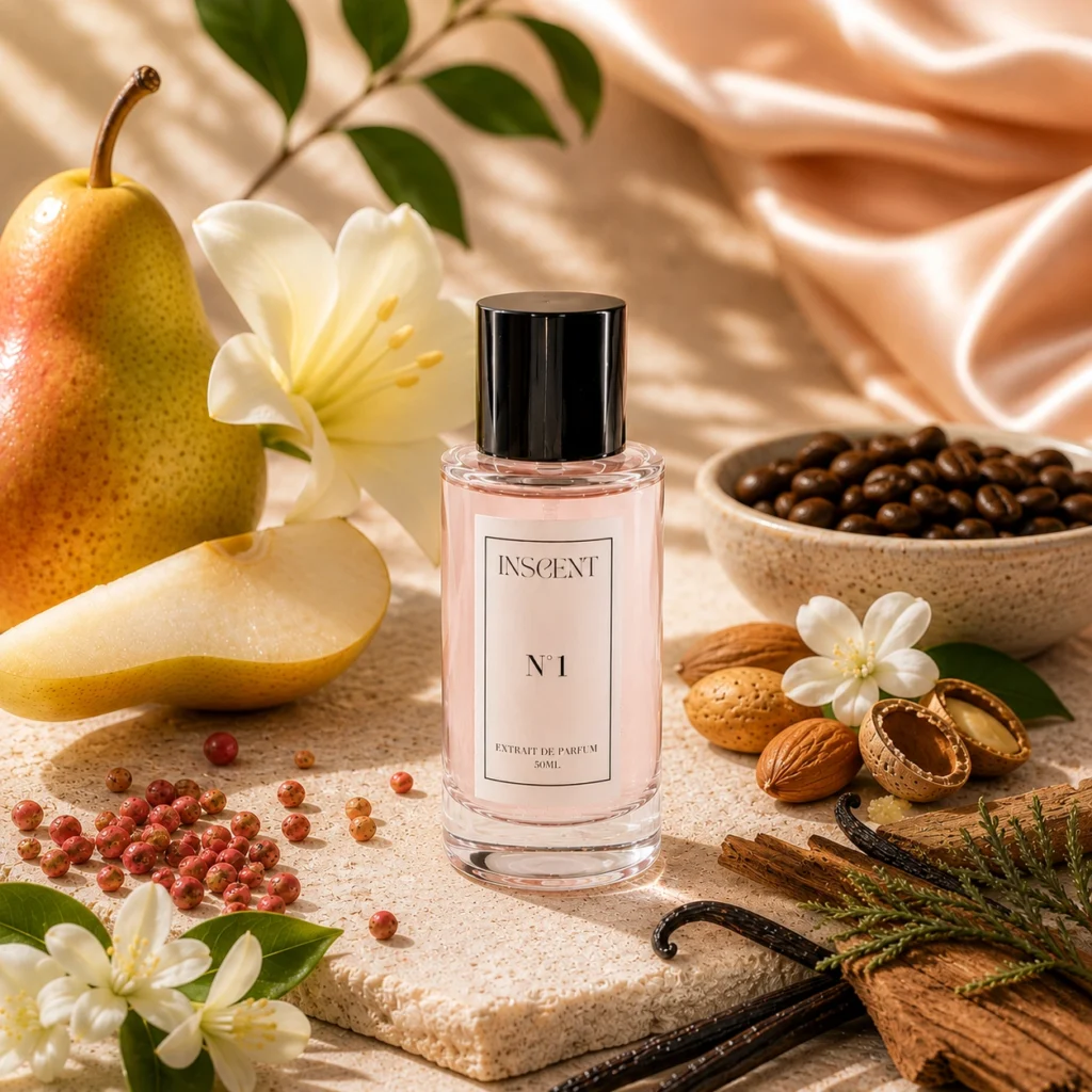Parfum femme Inscent N°1 – extrait de parfum aux notes gourmandes de poire, vanille et café, fragrance élégante et féminine en flacon 50 ml.