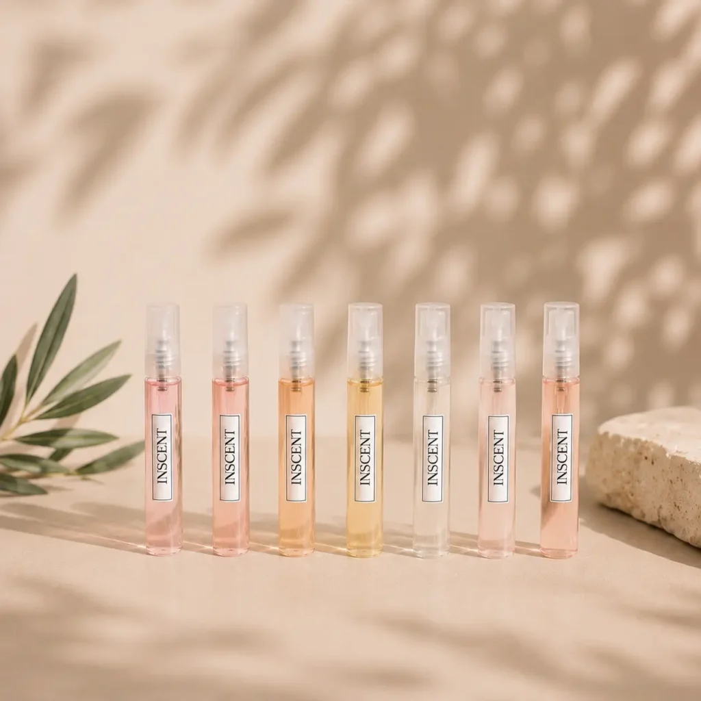 Collection d'échantillons de parfum femme INSCENT, flacons vaporisateurs debout aux teintes roses et dorées