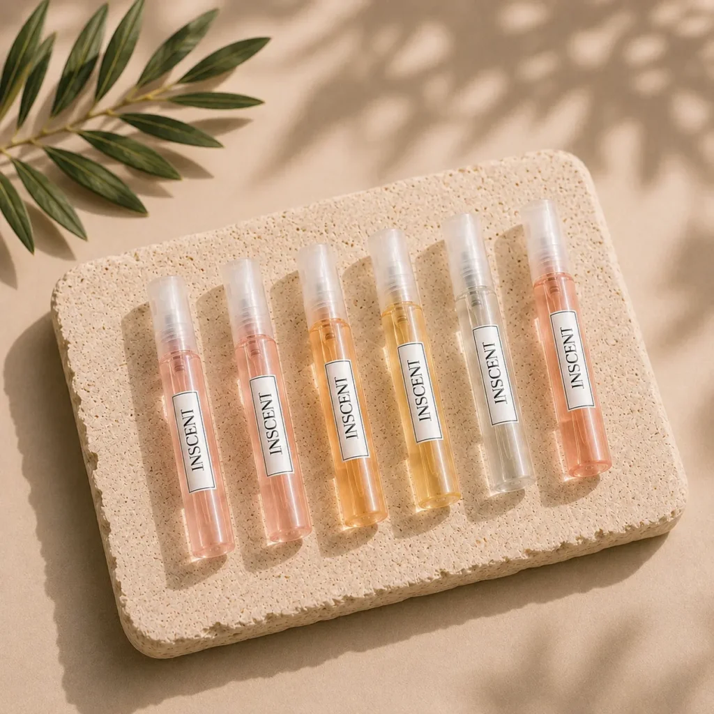 Échantillons de parfum femme INSCENT alignés sur une pierre naturelle, flacons vaporisateurs teintés rose et doré