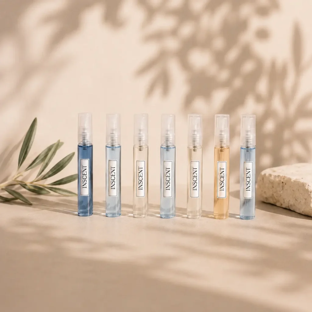 Collection d'échantillons de parfum homme INSCENT, flacons vaporisateurs debout aux teintes bleues et dorées