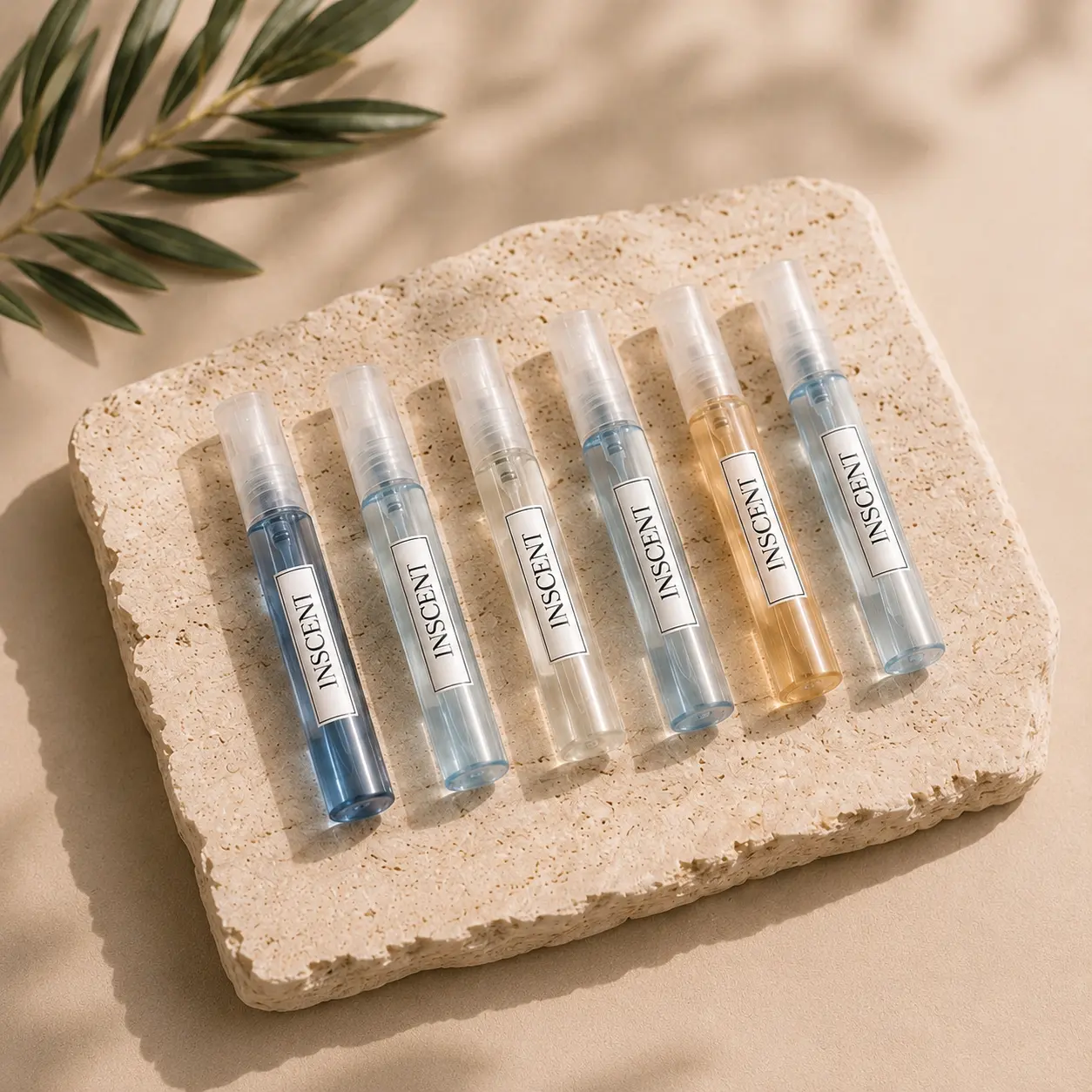 image00005 Échantillons de parfum homme INSCENT, six flacons vaporisateurs bleus et dorés disposés sur fond beige avec pierre naturelle