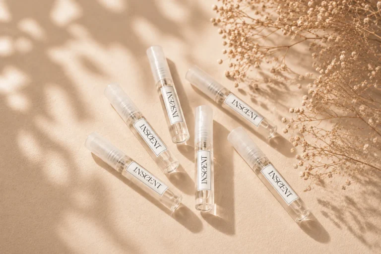 Échantillons de parfum d'intérieur INSCENT en flacon vaporisateur, sur fond beige avec fleurs séchées
