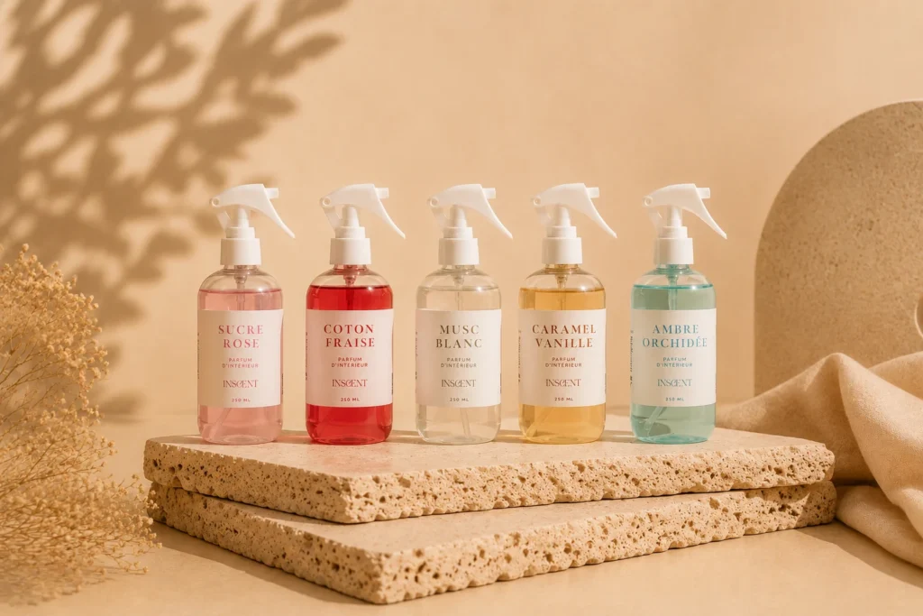 Gamme de parfums d'intérieur INSCENT 250ml : Sucre Rose, Coton Fraise, Musc Blanc, Caramel Vanille et Ambre Orchidée