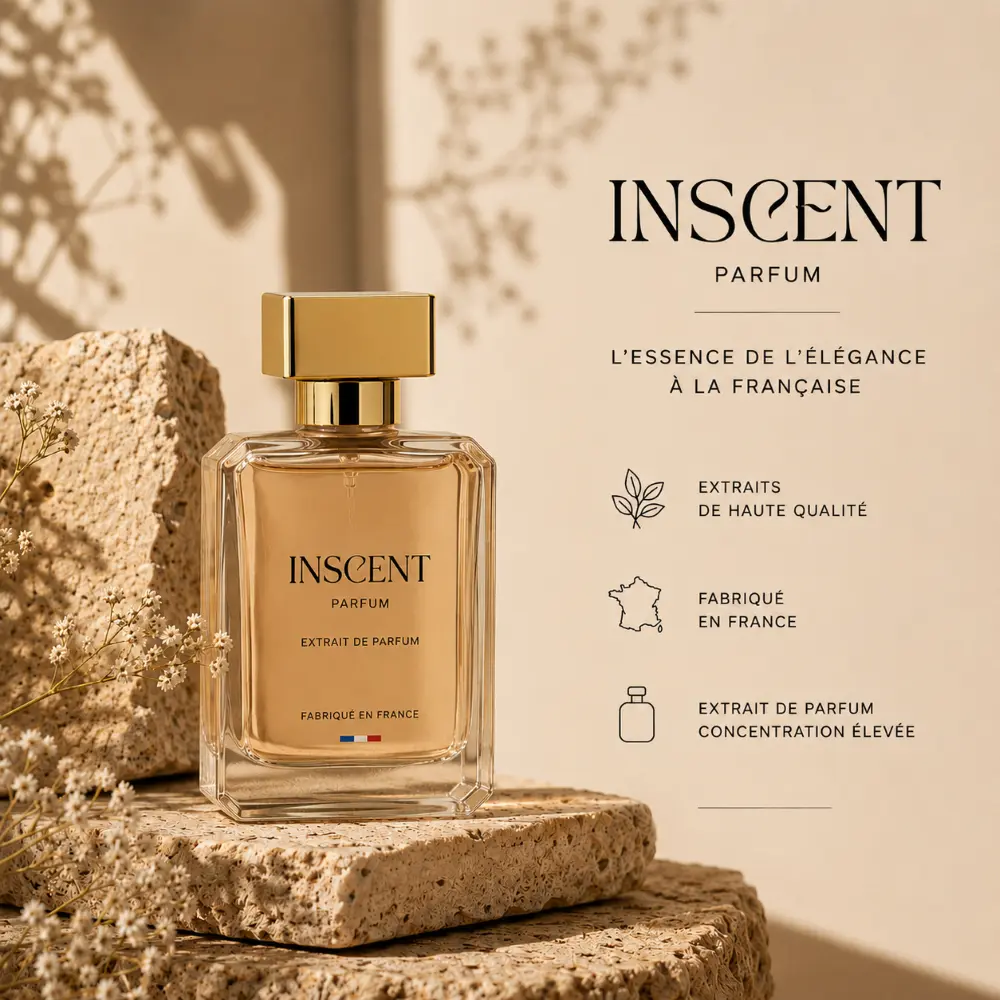 Flacon d'un parfum Inscent posée sur deux pierres naturelles