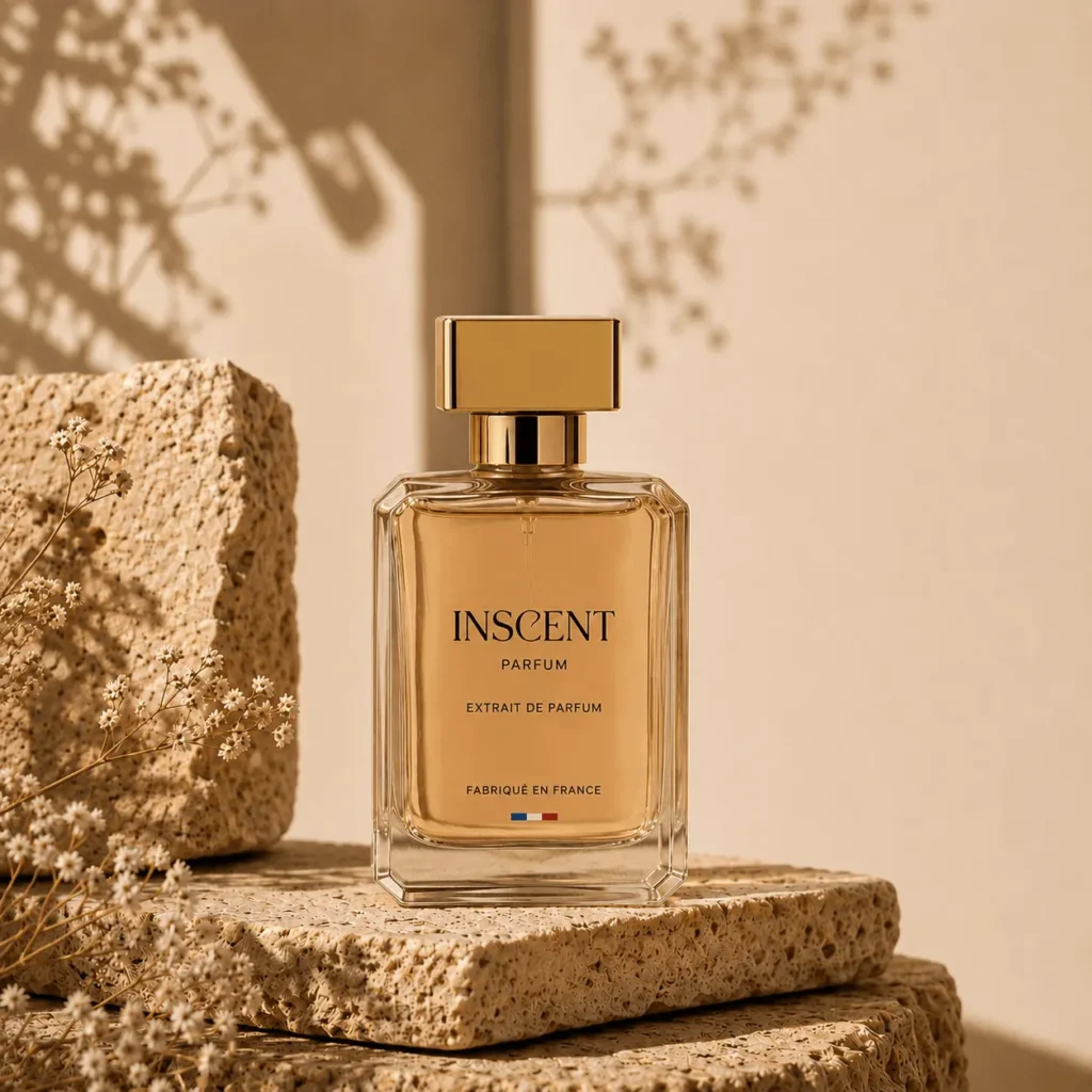 Flacon d'un parfum Inscent posée sur deux pierres naturelles