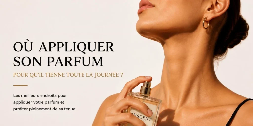 Où appliquer son parfum pour qu'il tienne toute la journée : femme vaporisant un extrait de parfum INSCENT sur son cou